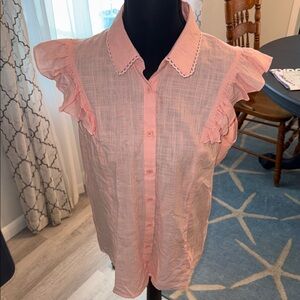 Ruffle cap Sleeve button up blouse linen look feminine, beach, vacation, preppy